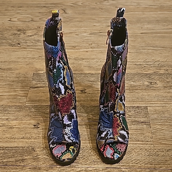 Multicolor Snake-Print Peep-Toe Ankle Booties with Block Heel - Picture 2 of 6